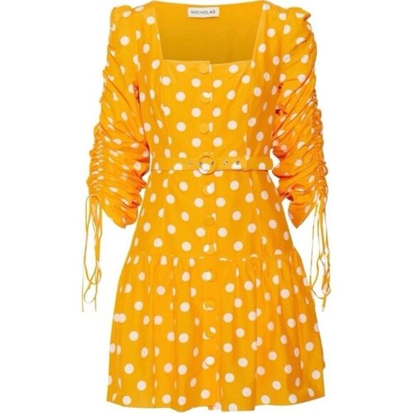 Revolve Nicholas Ruched Sleeve Button Front Dress Yellow Polka Dot No Belt 10 - Picture 6 of 16